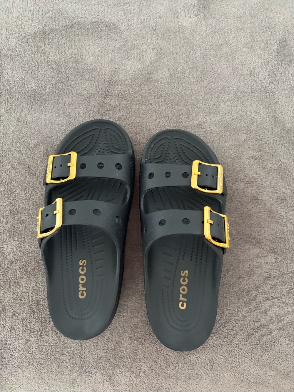 CROCS Black Slide Sandals with Gold Buckles